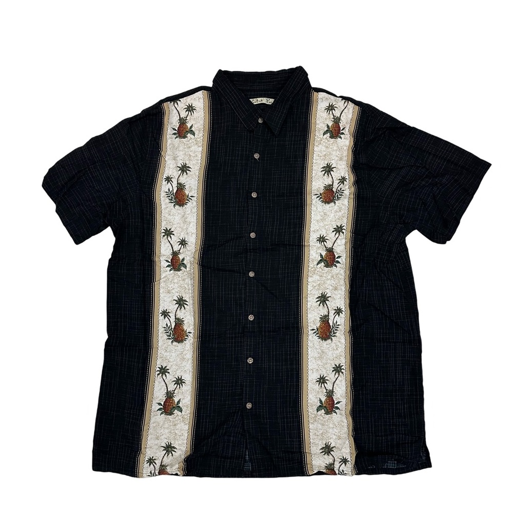 Black and white Batik Bay Hawaiian shirt with palm tree design